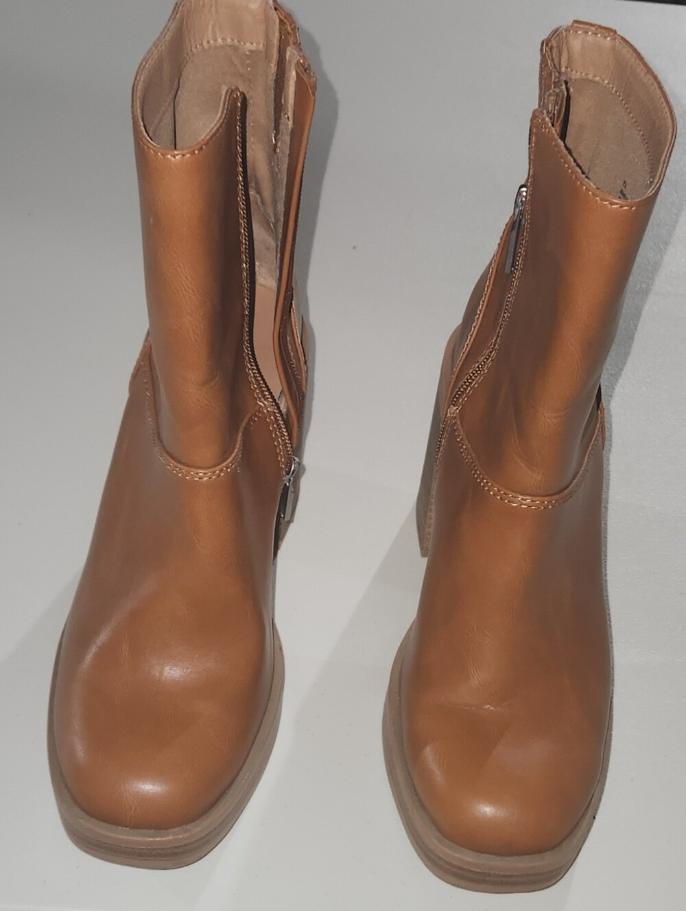Hazelnut Brown Mid-Calf Block Heel Ankle Boots Zip Zipper Size 8.5 - Picture 3 of 7